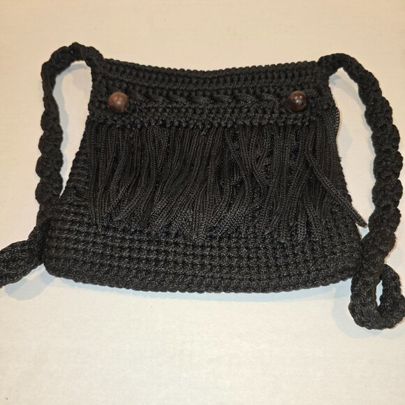 Macreme Crossbody Purse Black 9" with Wood Bead Closure - Picture 6 of 6